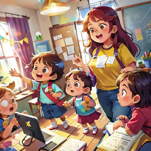 a group of children standing around a laptop computer in a room with a teacher and two children looking at it