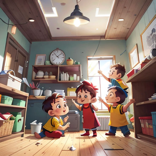 a group of children standing in a kitchen next to a window and a clock on the wall above them