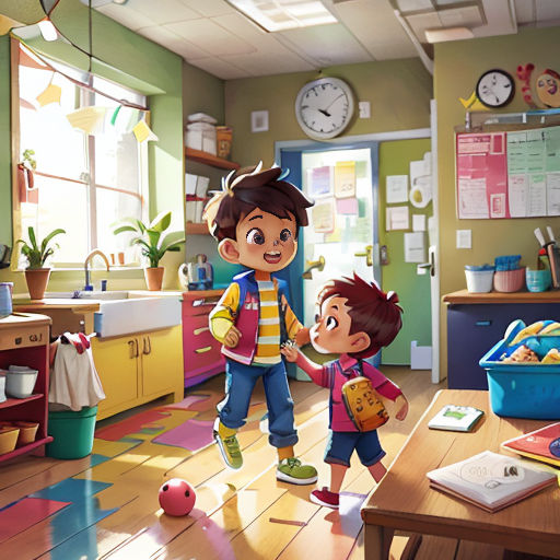 a boy and a girl are standing in a room with a clock on the wall and a table with a laptop on it