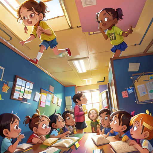 a group of children in a classroom with a teacher watching them from the desks and a third child standing up