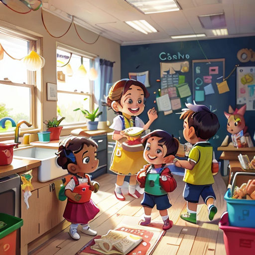 a group of children standing in a kitchen next to a window with a cat on the floor and a dog on the floor