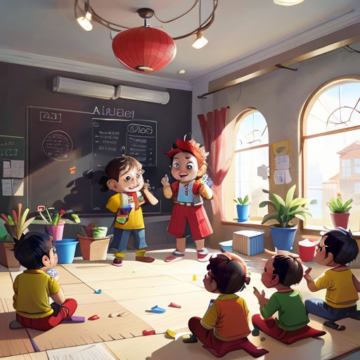 a group of children sitting on the floor in front of a chalkboard with a teacher standing in front of them
