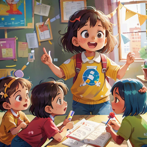 a group of children sitting at a table with a book and pen in front of them and a teacher pointing at them