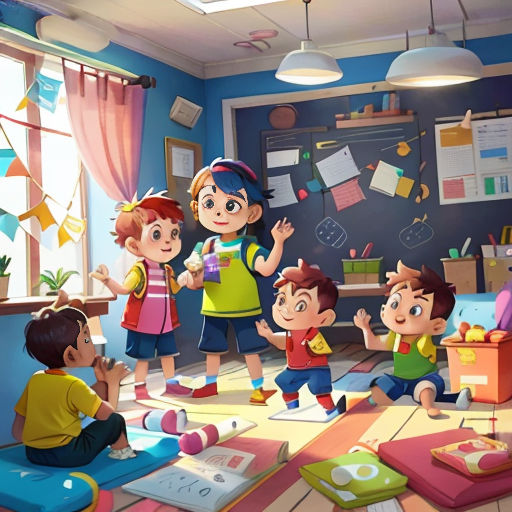 a group of children in a room with a chalkboard on the wall and a teacher in the background