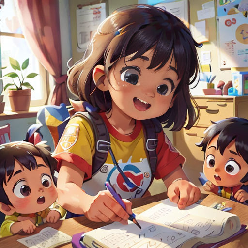 a girl and two boys are writing in a book together in a classroom with a window behind them and a plant in the corner