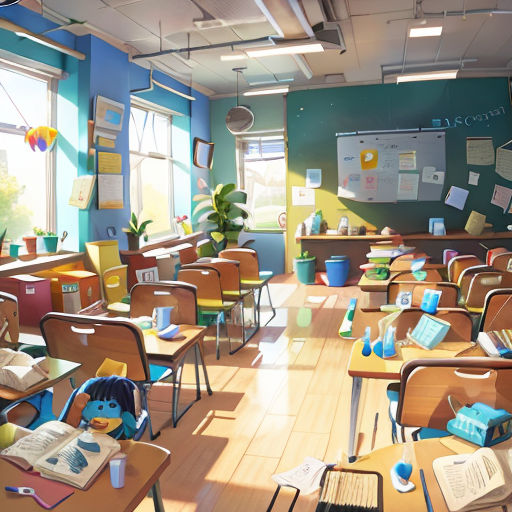 a classroom with desks and chairs and a chalkboard on the wall and a window with a bird on it