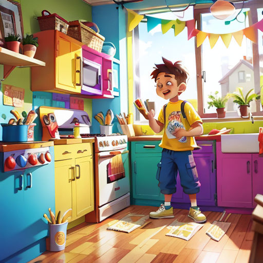 a boy standing in a kitchen with a pot and pan in his hand and a pot and pan in his other hand