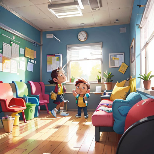 a couple of kids standing in a room with a clock on the wall and a couch and a chair