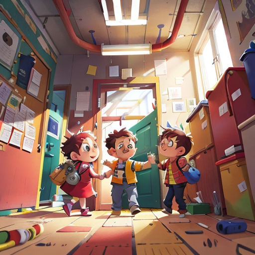 a group of children standing in a hallway next to lockers and a door with a sign that says,