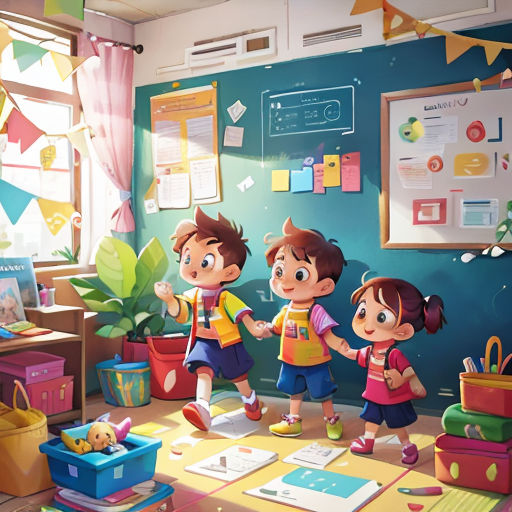 a group of children standing in a room with toys and books on the floor and a wall with posters on it