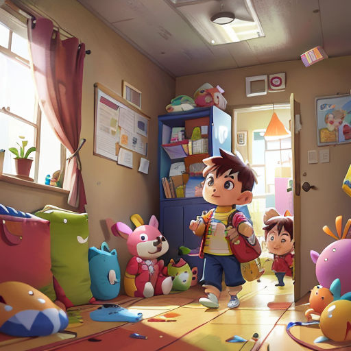 a boy and a girl are standing in a room with toys and a bookcase on the floor and a window