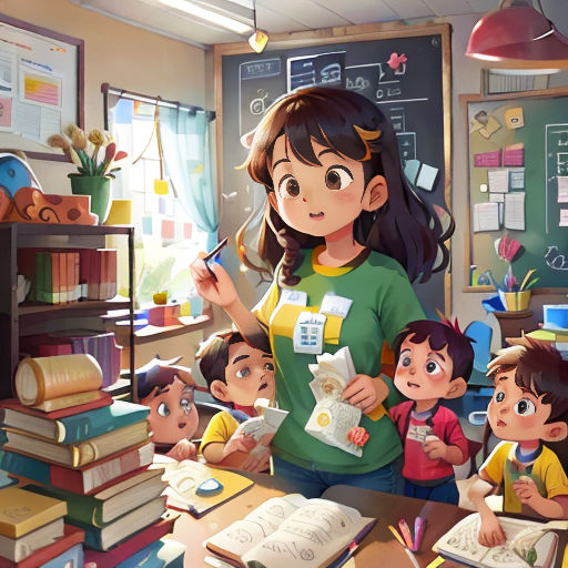 a girl is standing in front of a group of children in a classroom with books and a book bag