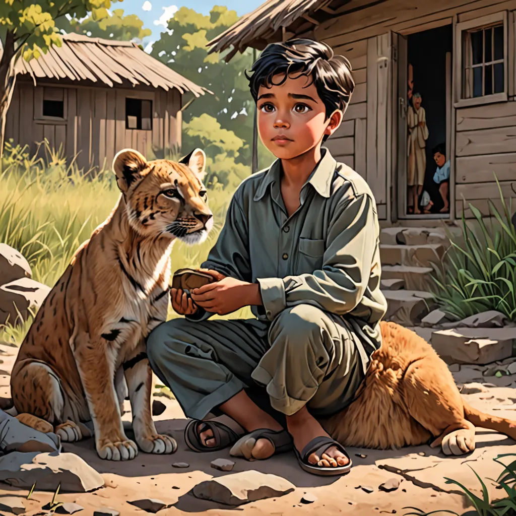 a boy sitting on a rock next to a tiger and a dog on a rocky ground with a house in the background, american scene painting, a storybook illustration, Aaron Jasinski, official art