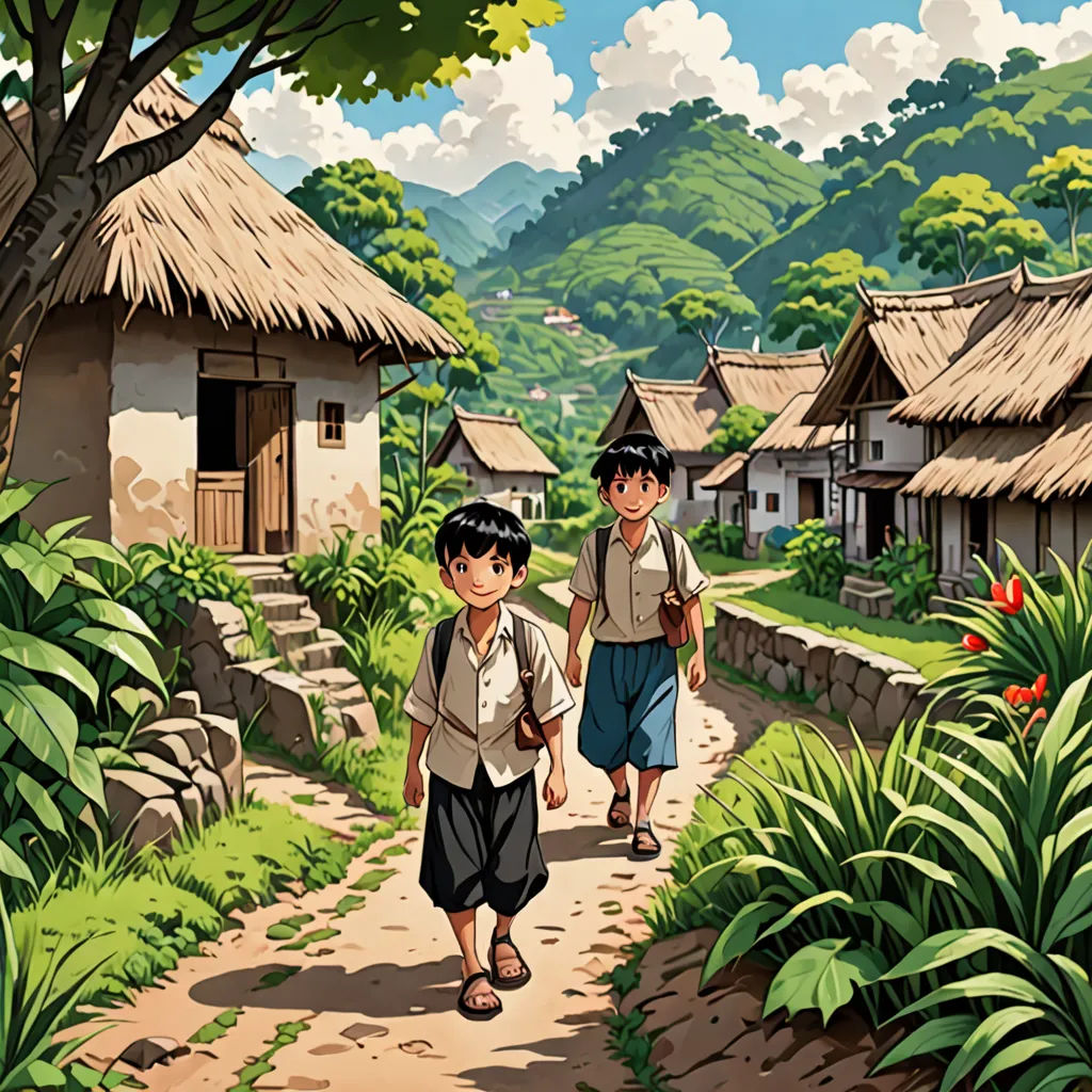 a couple of kids walking down a dirt road next to a forest filled with trees and bushes and houses, environmental art, a detailed matte painting, Brothers Hildebrandt, official art