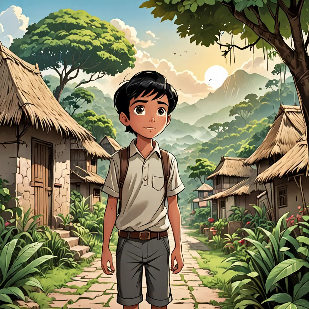 a boy standing in front of a village with a pathway leading to him and a tree in the background, serial art, a storybook illustration, Diego Gisbert Llorens, official art