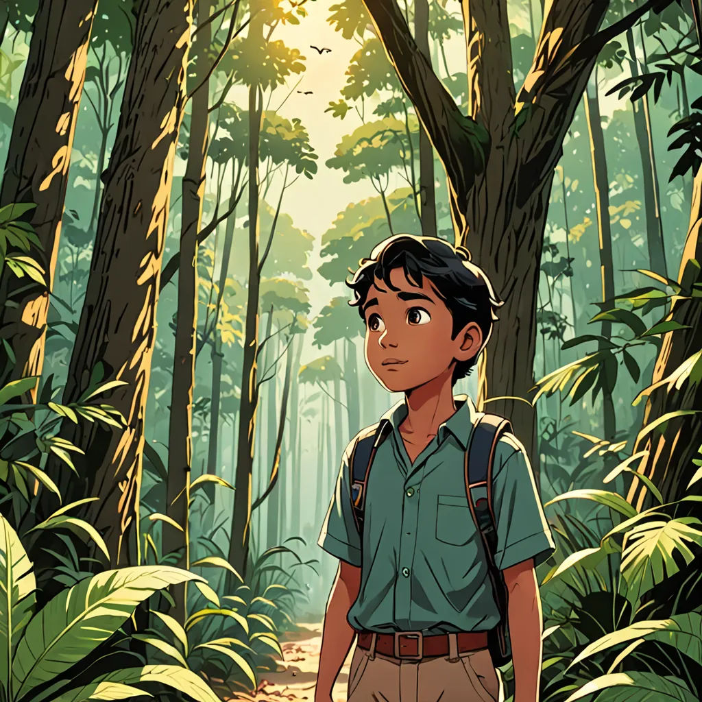 a boy in a forest with a backpack on his back and a backpack on his shoulder, looking up at the sky, serial art, a storybook illustration, Asaf Hanuka, rossdraws global illumination