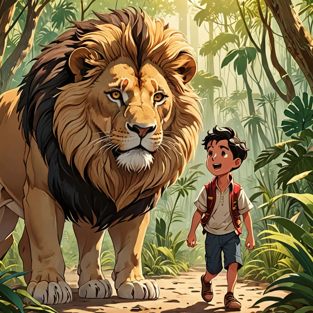 a boy and a lion in a jungle with trees and plants behind them, and a man standing in front of the lion, sots art, a storybook illustration, Diego Gisbert Llorens, official art