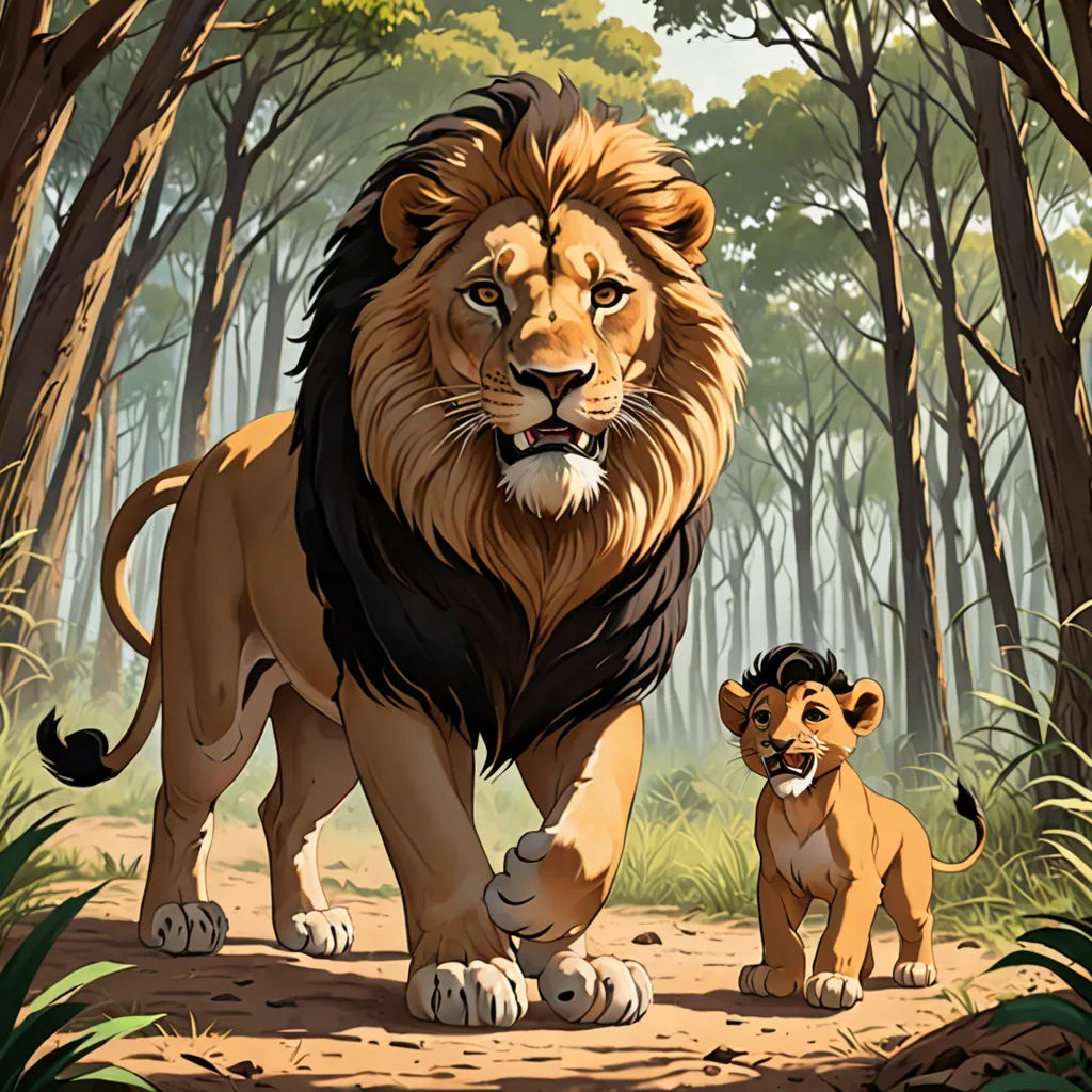 a lion and a lion cub walking through a forest of trees and grass, with a forest background, and a path leading to the right, furry art, a storybook illustration, Brothers Hildebrandt, official art