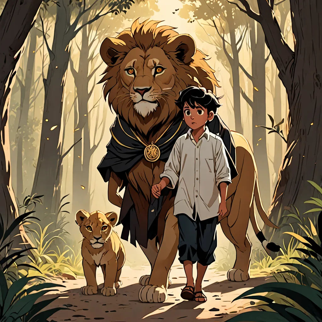 a boy and a lion in a forest with trees and bushes behind him, with a lion on the left, fantasy art, a storybook illustration, Diego Gisbert Llorens, comic cover art