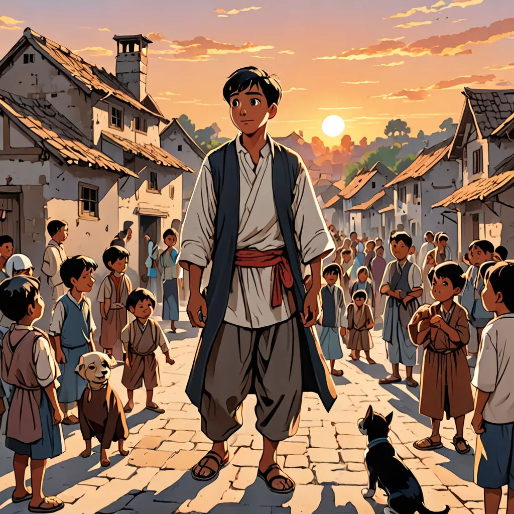 a man standing in front of a crowd of people on a street next to a dog and a building, magical realism, a comic book panel, Eiichiro Oda, graphic novel