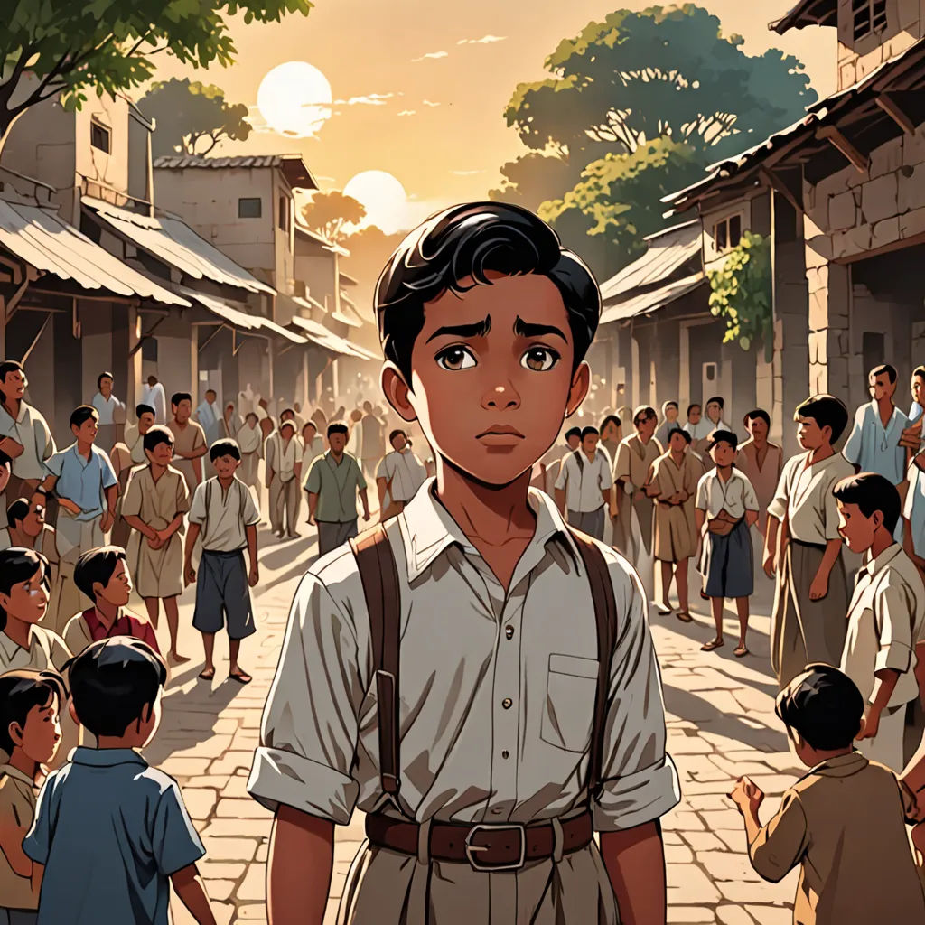 a boy in a school uniform standing in front of a crowd of people in a village with a building, serial art, a comic book panel, Diego Gisbert Llorens, graphic novel