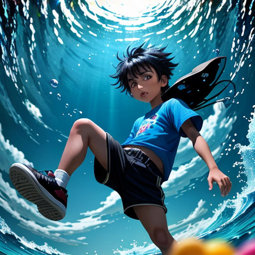 a boy is kicking a ball in the air with a blue sky background and a wave of water behind him