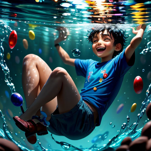 a boy is floating in the water with balls around him and smiling at the camera while he is surrounded by bubbles
