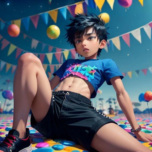 a woman laying on a colorful surface with balloons and streamers in the background and a backdrop of balloons