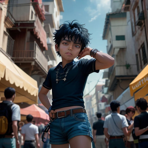 a young man in a short shorts and a black shirt is standing in a crowded street with people walking around