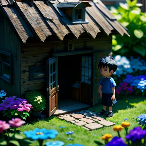 a little boy standing in front of a small house in a garden of flowers and grass with a little dog