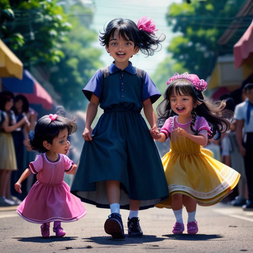 three little girls walking down a street with a group of people behind them in the background and a crowd of people in the background