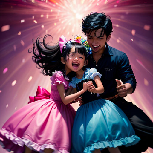 a man and a little girl are dancing together with a fireworks background behind them and a pink and blue dress