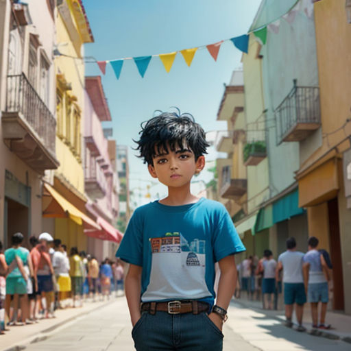 a young boy standing in the middle of a street with a crowd of people in the background and a line of buildings