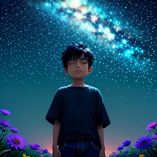 a boy standing in a field of flowers with a sky filled with stars above him and a field of purple flowers
