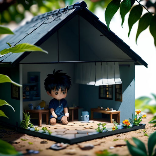 a doll house with a boy sitting in the doorway and a table and chairs in the background and a tree