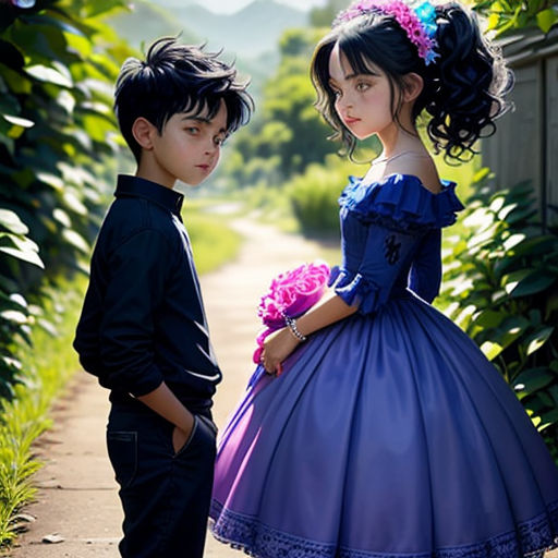 a boy and a girl in blue dresses standing next to each other on a path in the woods with a fence