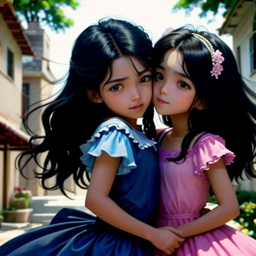 two young girls are hugging each other outside of a house in a cartoon style photo by matto karp