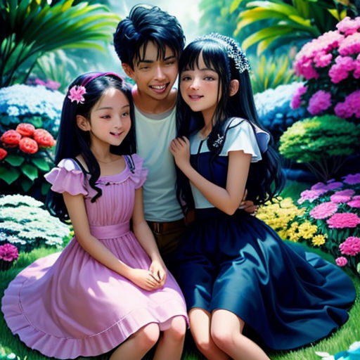 a painting of a family posing for a picture in a garden with flowers and plants behind them, with a man in a white shirt and a woman in a pink dress