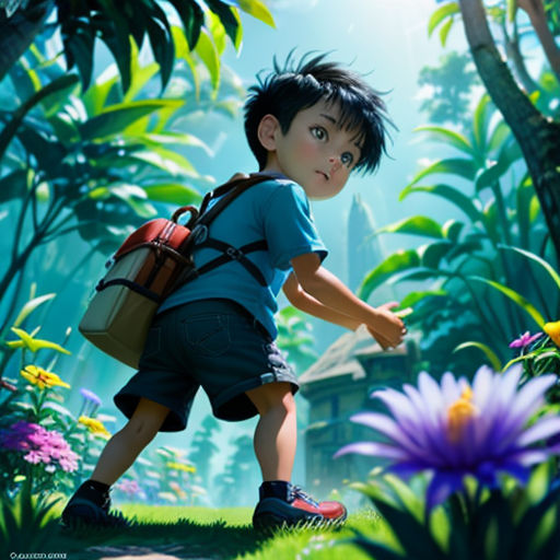 a boy with a backpack is walking through a jungle with flowers and plants on the ground and a bird flying overhead
