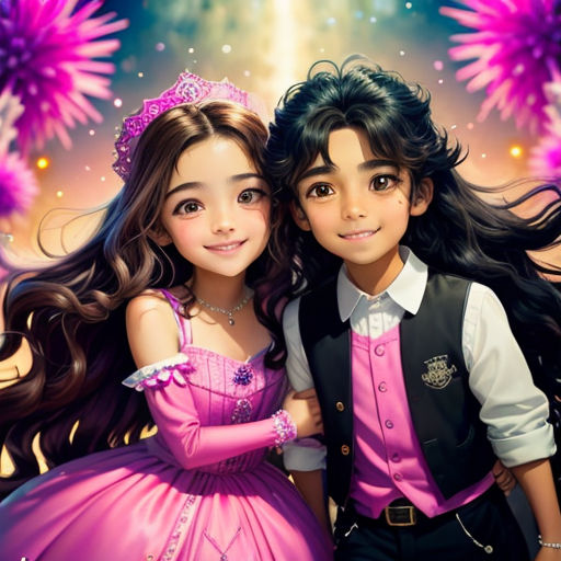 a painting of a boy and girl dressed in pink and black, with fireworks in the background and a pink dress