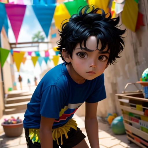 a young boy is standing in front of a bunch of colorful flags and buntings on the wall