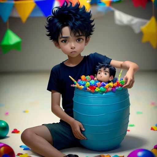 a boy sitting on the floor with a large blue container filled with candy and a doll in it's lap
