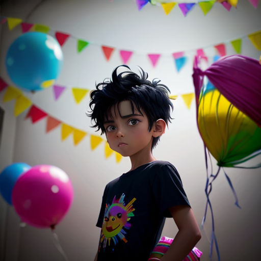 a young boy standing in front of a bunch of balloons and streamers with a balloon in the air