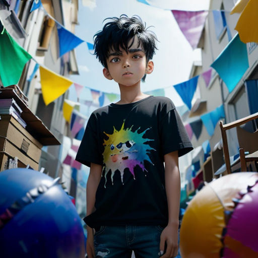 a young boy standing in a room with many balloons and a kite in the air above him and a blue sky