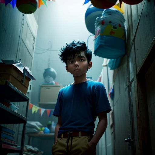 a boy standing in a hallway with balloons hanging from the ceiling and a shelf with a box on it