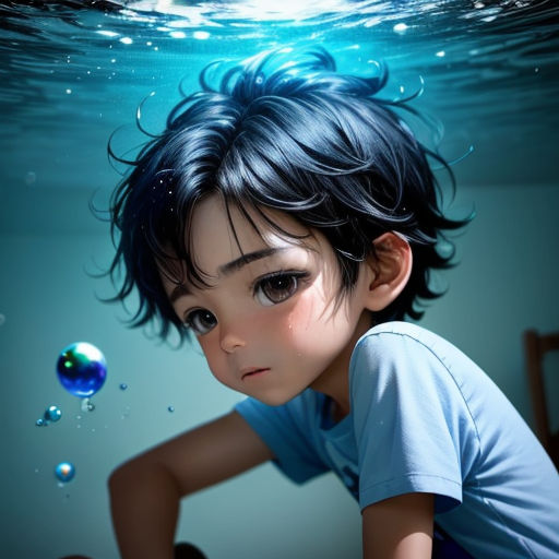 a boy with a blue shirt and a blue shirt under water with bubbles and bubbles around him, looking at the camera