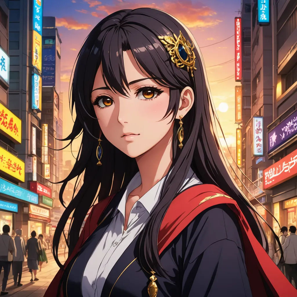 a woman in a city street with a crown on her head and a red cape over her shoulder, looking at the camera, rayonism, a character portrait, Ai-Mitsu, official art