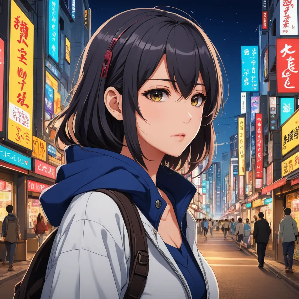 a woman standing on a street in a city at night with a backpack on her shoulder and a backpack on her shoulder, context art, a character portrait, Ai-Mitsu, official art