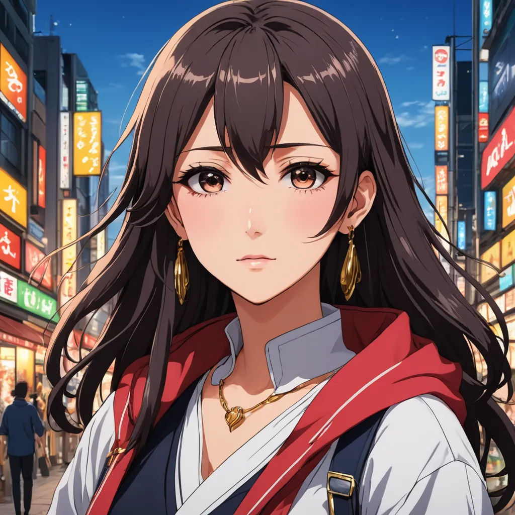 a woman in a city with a red scarf around her neck and a red scarf around her neck, looking at the camera, sots art, concept art, Ai-Mitsu, official art