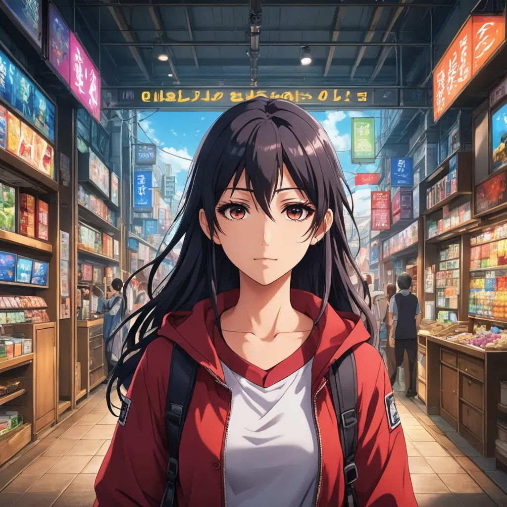 a woman in a store with long black hair and a red jacket on, looking at the camera, with a man in the background, lyco art, poster art, artist, official art